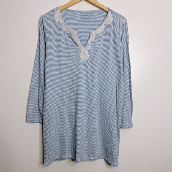 Talbots Tops - Talbots‎ Cotton Tunic With Beaded Neckline White/Blue Striped Size Large